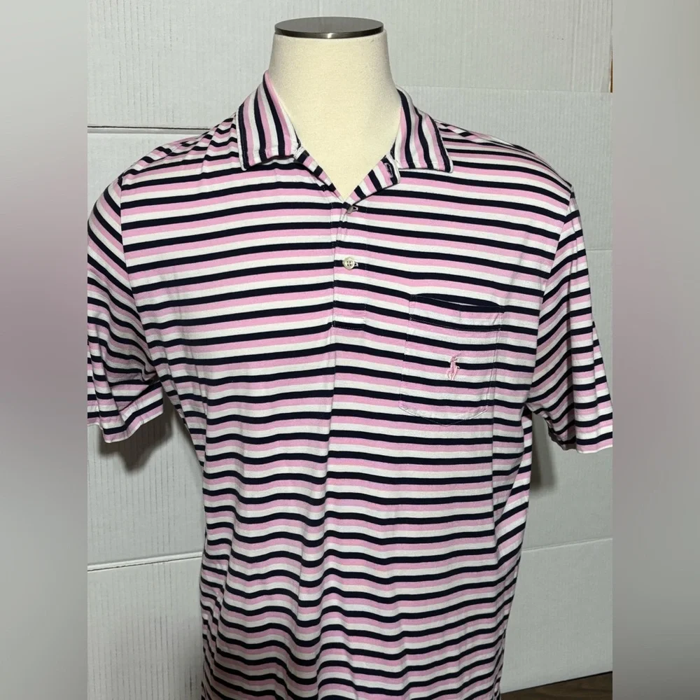 Polo by Ralph Lauren XL Men's Striped Polo Shirt pink & navy blue 30” L 23” p2p